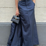 Navy pinstriped skirt suit