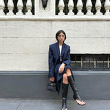 Navy pinstriped skirt suit
