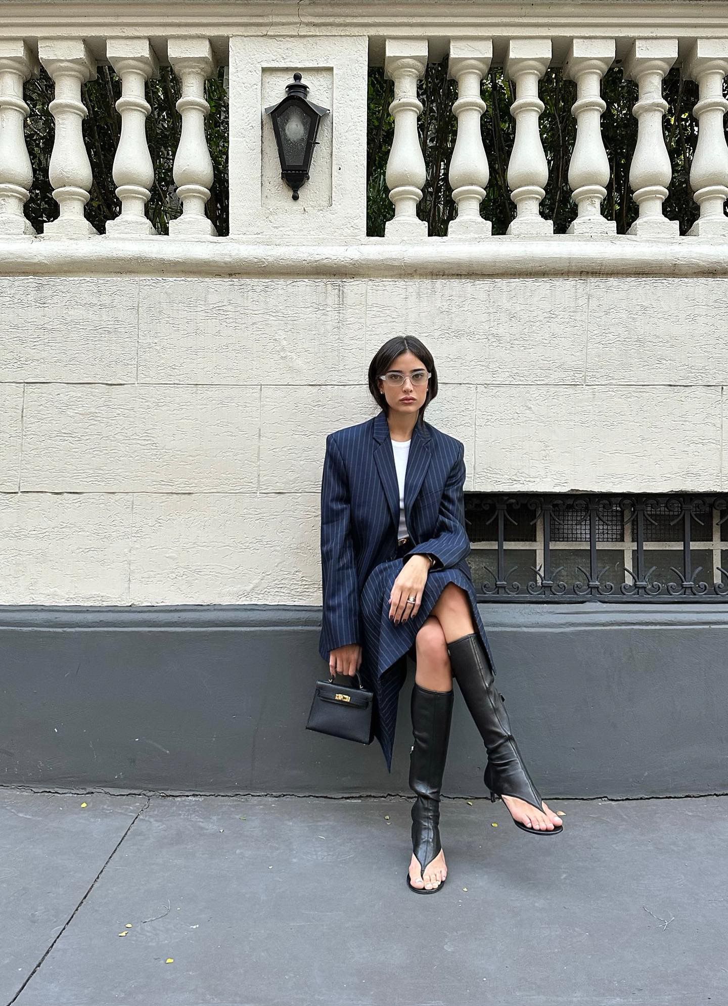 Navy pinstriped skirt suit