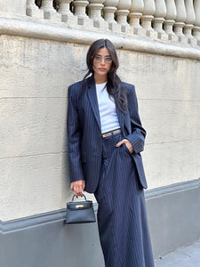 Navy pinstriped skirt suit