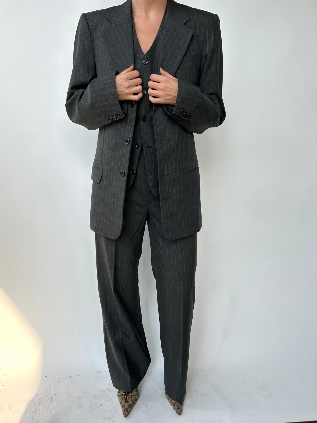 Three piece suit in grey pinstriped