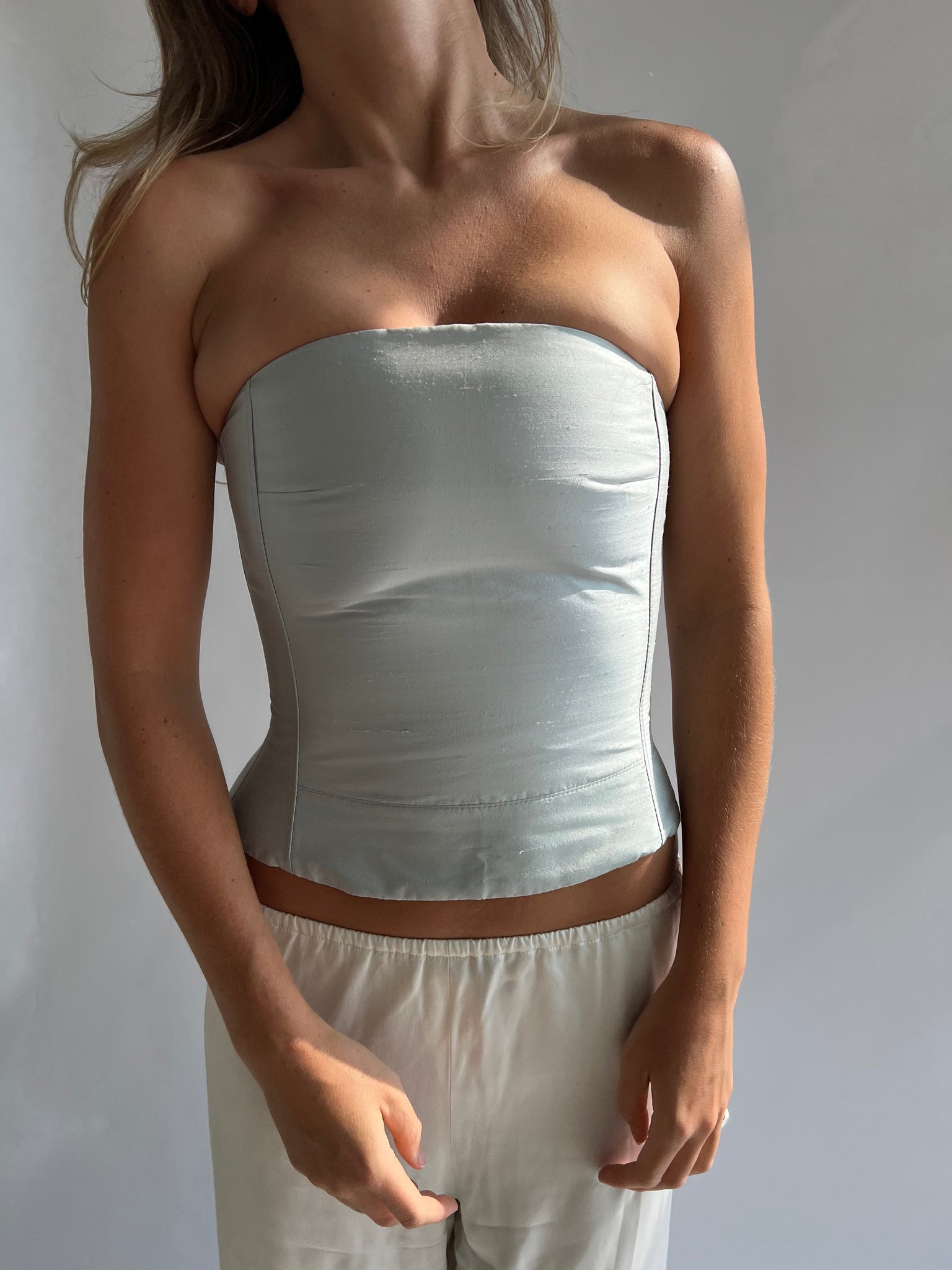 Silk corset in ice blue