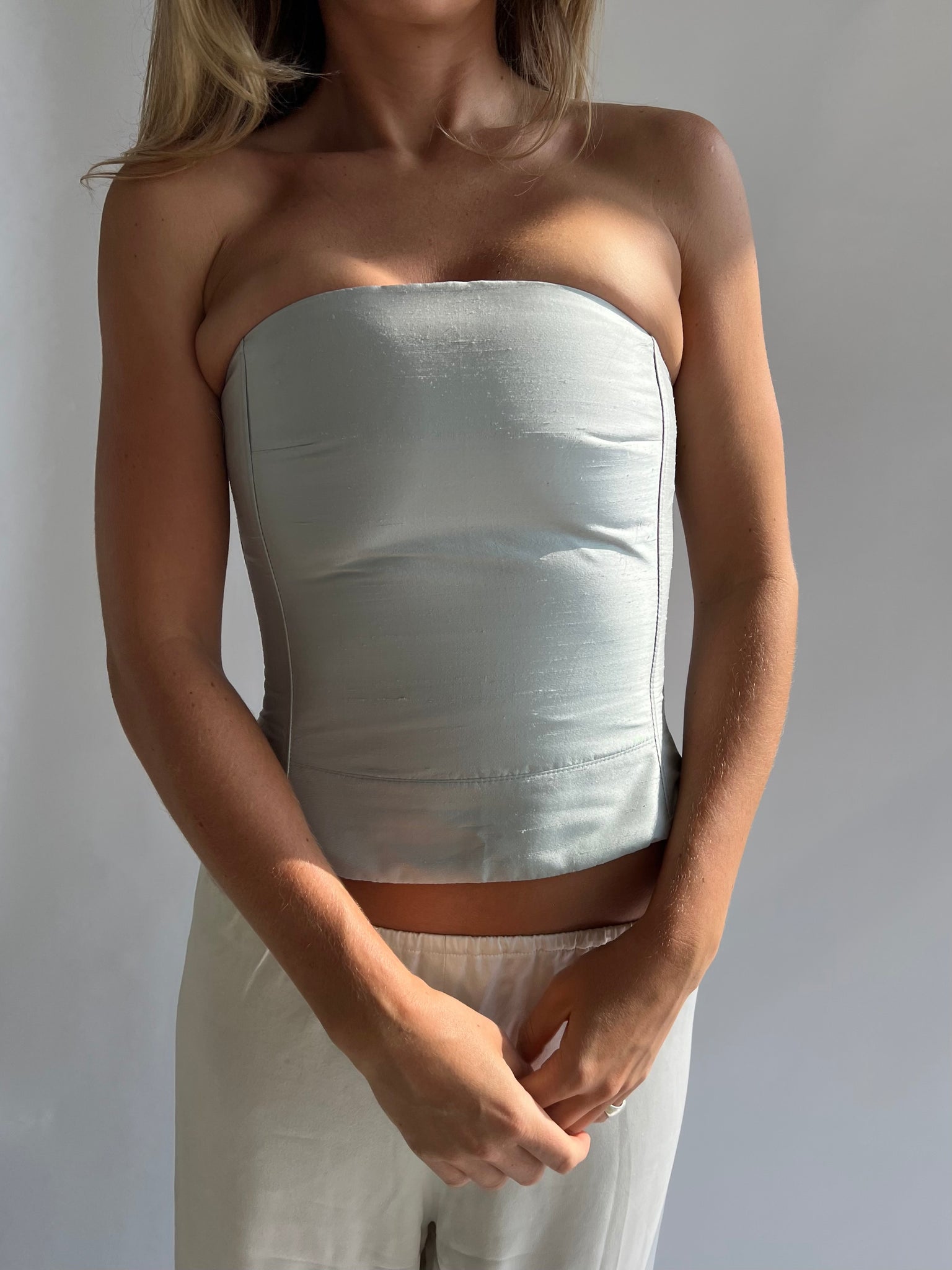 Silk corset in ice blue